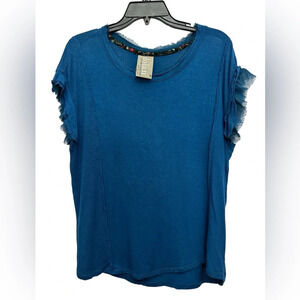 Anthropologie Shirt Womens Medium Blue Boat Neck Ruffle Short Sleeve Tee, Dolan